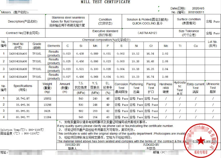 Material Test Certificate